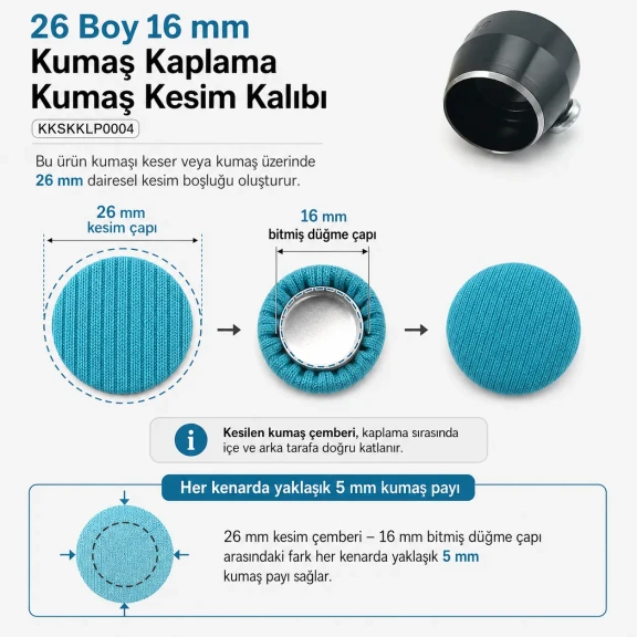 26 boy 16 mm kumaş kaplama kumaş kesim kalıbı, düğme kaplama işlemlerinde kullanılan yardımcı ekipman