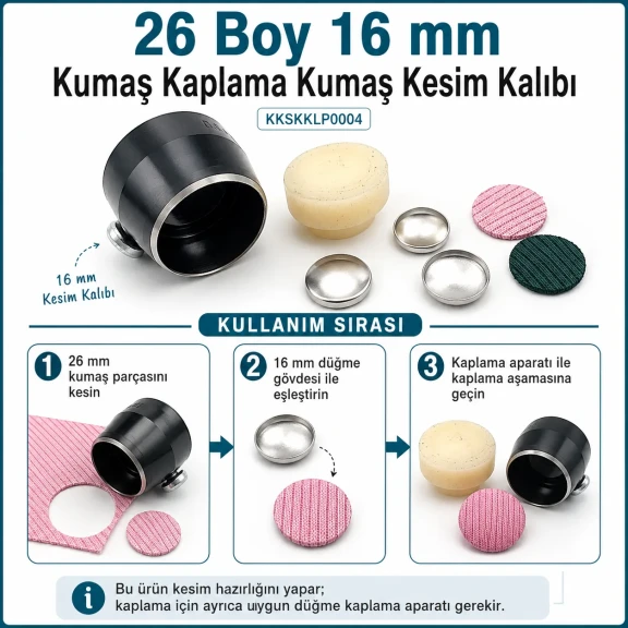 26 boy 16 mm kumaş kaplama kumaş kesim kalıbı, düğme kaplama işlemlerinde kullanılan yardımcı ekipman