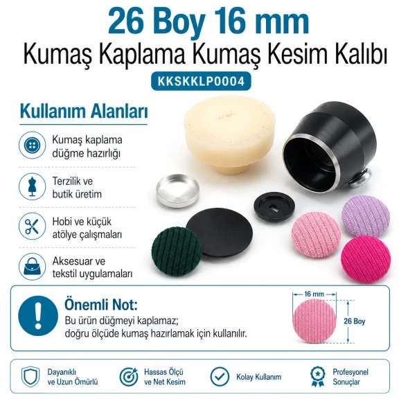 26 boy 16 mm kumaş kaplama kumaş kesim kalıbı, düğme kaplama işlemlerinde kullanılan yardımcı ekipman
