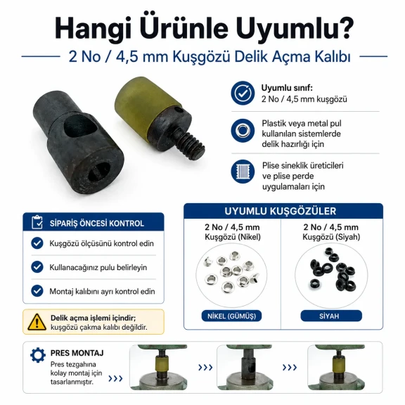 2 No 4,5 mm Plise Sineklik Kuşgözü Delik Açma Kalıbı, Hassas Delik Hazırlama Aparatı, Kumaş, Deri ve Aksesuar Uygulamaları