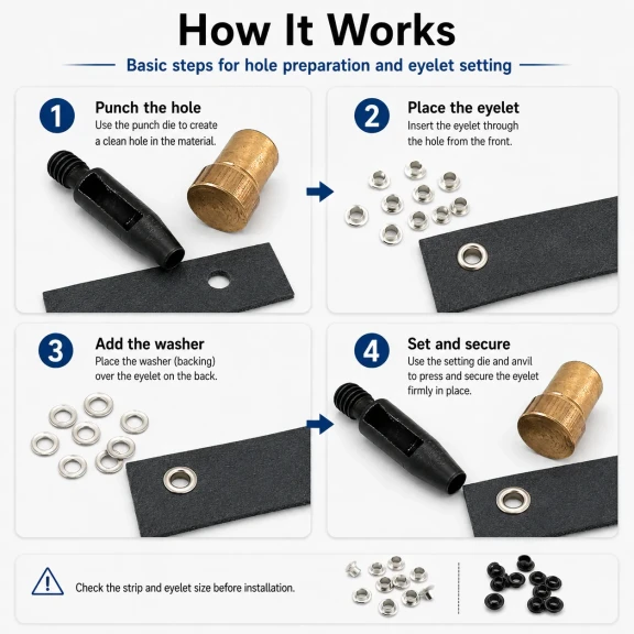 Pleated Screen Eyelet Setting and Hole-Punch Die Starter Set for 4.5 mm / 0.177 in Eyelets, Custom hole-punch die for PVC