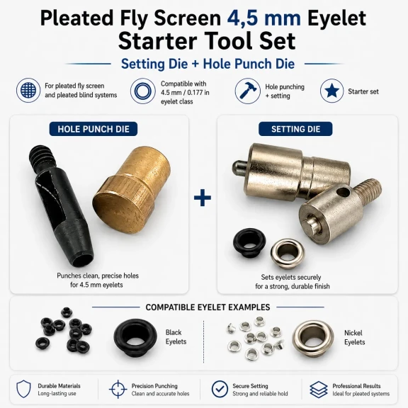 Pleated Screen Eyelet Setting and Hole-Punch Die Starter Set for 4.5 mm / 0.177 in Eyelets, Custom hole-punch die for PVC