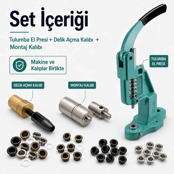 2 No 4,5 mm Plise Sineklik Kuşgözü Montaj ve Delik Açma Kalıbı El Presli Makineli Başlangıç Seti