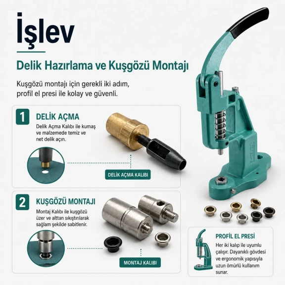 2 No 4,5 mm Plise Sineklik Kuşgözü Montaj ve Delik Açma Kalıbı El Presli Makineli Başlangıç Seti