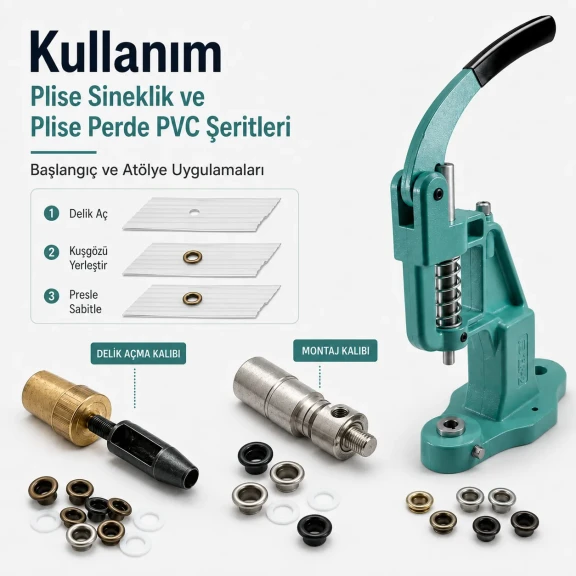 2 No 4,5 mm Plise Sineklik Kuşgözü Montaj ve Delik Açma Kalıbı El Presli Makineli Başlangıç Seti