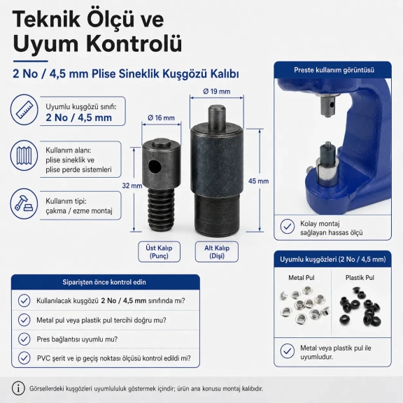 2 No Plise Sineklik Kuşgözü Montaj Kalıbı 4,5 mm Çelik KLP0002Sin - Çanta, Ayakkabı ve Aksesuar Uygulamaları İçin