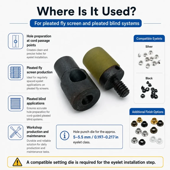 Custom 5 mm hole-punch die for pleated screen eyelets, suitable for fabric, leather, and wood preparation