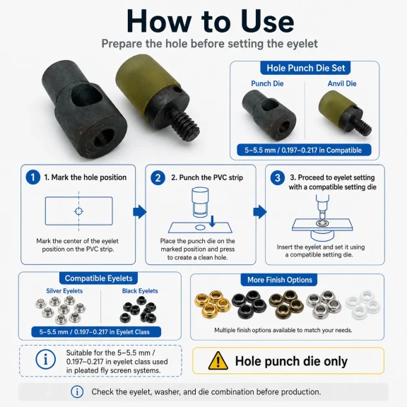 Custom 5 mm hole-punch die for pleated screen eyelets, suitable for fabric, leather, and wood preparation