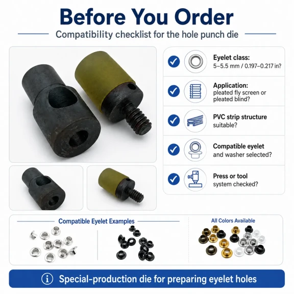 Custom 5 mm hole-punch die for pleated screen eyelets, suitable for fabric, leather, and wood preparation