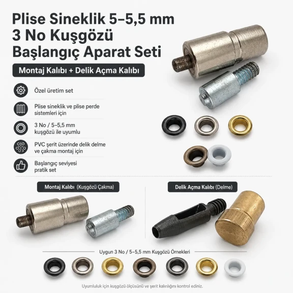 Pleated Screen Eyelet Setting and Hole-Punch Die Starter Set for 5-5.5 mm Eyelets, Custom PVC Strip Punch Die, Heat-Treated