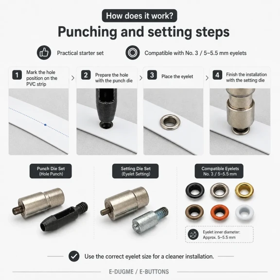 Pleated Screen Eyelet Setting and Hole-Punch Die Starter Set for 5-5.5 mm Eyelets, Custom PVC Strip Punch Die, Heat-Treated