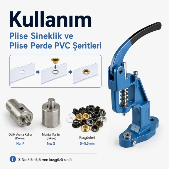 3 No Plise Sineklik Kuşgözü Montaj ve Delik Açma Kalıbı El Presli Makineli Başlangıç Seti, 5 mm Delik Boyutu ile PVC