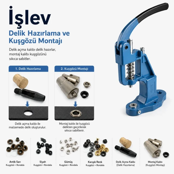 3 No Plise Sineklik Kuşgözü Montaj ve Delik Açma Kalıbı El Presli Makineli Başlangıç Seti, 5 mm Delik Boyutu ile PVC