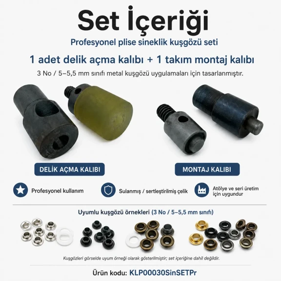 3 No Plise Sineklik Kuşgözü Delme ve Montaj Kalıbı Seti, 5-5,5 mm ölçülerde, PVC şeritler için delik hazırlama ve montaj