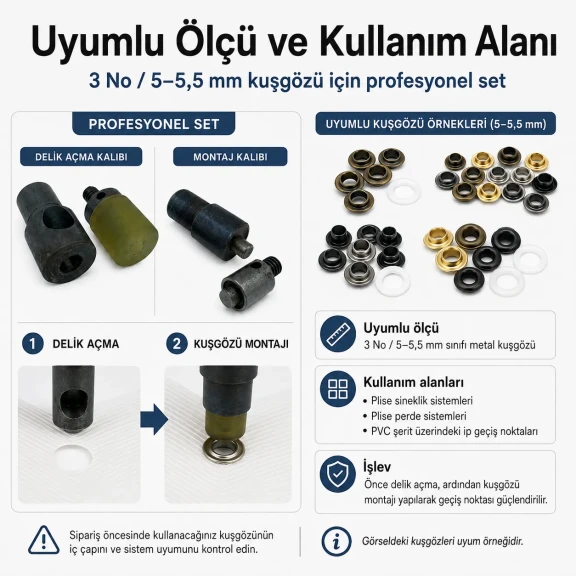 3 No Plise Sineklik Kuşgözü Delme ve Montaj Kalıbı Seti, 5-5,5 mm ölçülerde, PVC şeritler için delik hazırlama ve montaj