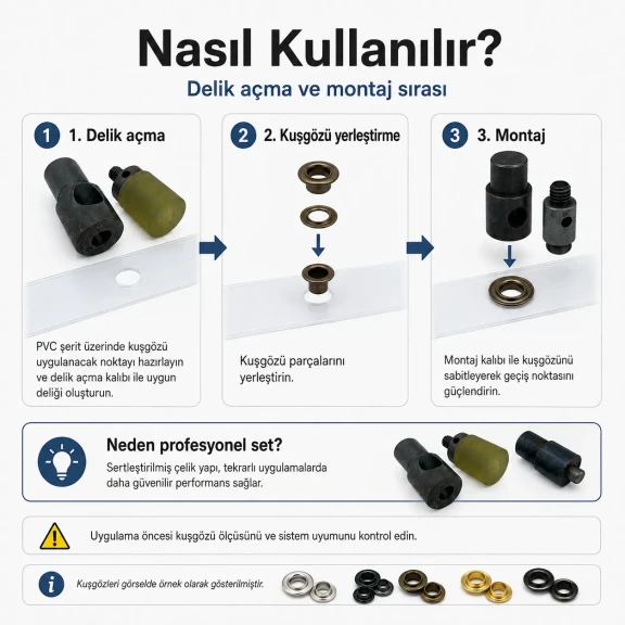 3 No Plise Sineklik Kuşgözü Delme ve Montaj Kalıbı Seti, 5-5,5 mm ölçülerde, PVC şeritler için delik hazırlama ve montaj