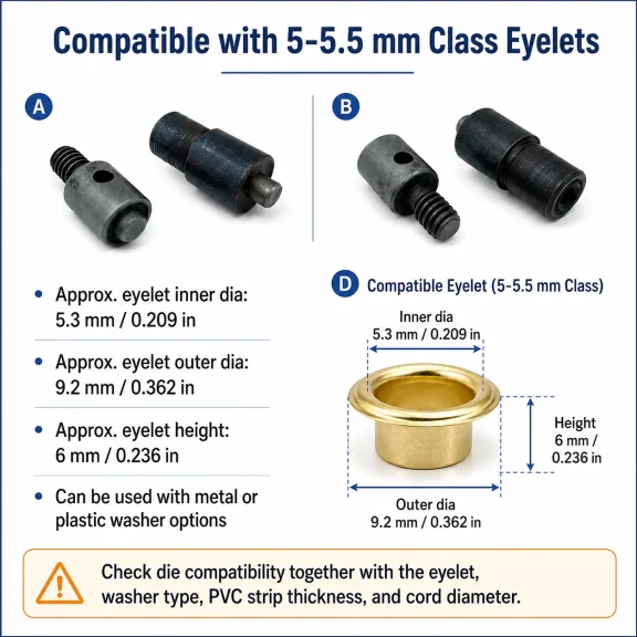 3 No Plise Sineklik Kuşgözü Montaj Kalıbı 5–5,5 mm Özel Üretim Isıl İşlemli Çelik KLP0003Sin, çelik malzeme ile üretilmiş