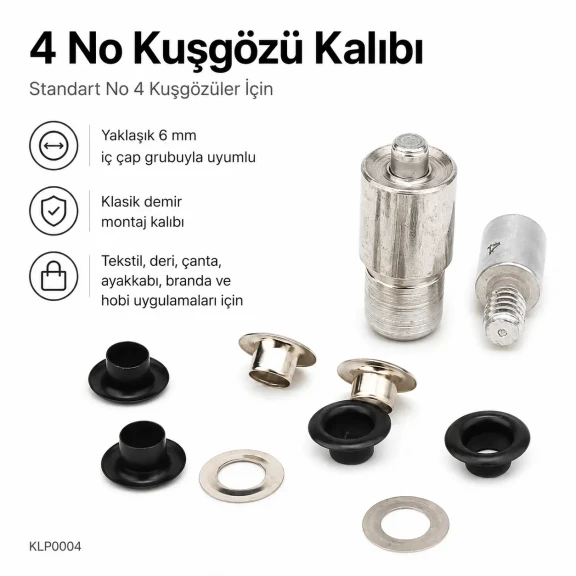 4 No Kuşgözü Kalıbı - İç Çap 6 mm Kuşgözü Çakma Aparatı, montaj kalıbı, 12 mm kuşgözleri için uygun