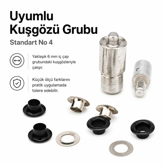 4 No Kuşgözü Kalıbı - İç Çap 6 mm Kuşgözü Çakma Aparatı, montaj kalıbı, 12 mm kuşgözleri için uygun