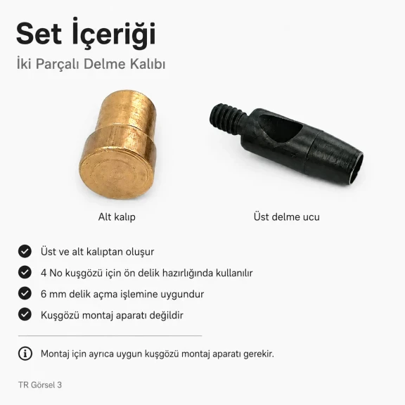 4 No kuşgözü delme kalıbı KLP00040DEL, 6 mm iç çap, metal yapılı, tekstil ve deri montajı için ideal araç