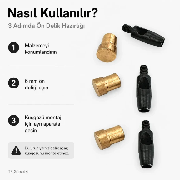 4 No kuşgözü delme kalıbı KLP00040DEL, 6 mm iç çap, metal yapılı, tekstil ve deri montajı için ideal araç