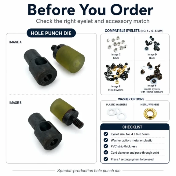 Custom 6 mm hole-punch die for pleated screen eyelets with 6-6.5 mm inner diameters, suitable for leather, fabric, and