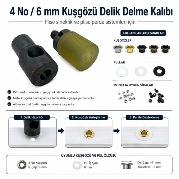 Custom 6 mm hole-punch die for pleated screen eyelets with 6-6.5 mm inner diameters, suitable for leather, fabric, and