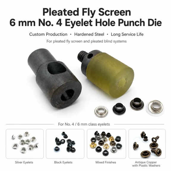 Custom 6 mm hole-punch die for pleated screen eyelets with 6-6.5 mm inner diameters, suitable for leather, fabric, and