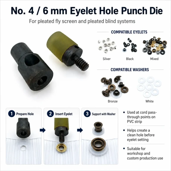 Custom 6 mm hole-punch die for pleated screen eyelets with 6-6.5 mm inner diameters, suitable for leather, fabric, and