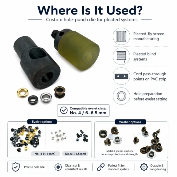 Custom 6 mm hole-punch die for pleated screen eyelets with 6-6.5 mm inner diameters, suitable for leather, fabric, and