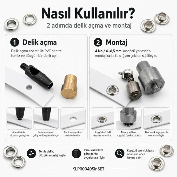4 No 6 mm Plise Sineklik Kuşgözü Montaj ve 6 mm Delik Açma Kalıbı Başlangıç Seti, kumaş ve deri için ideal delik açma aparatı