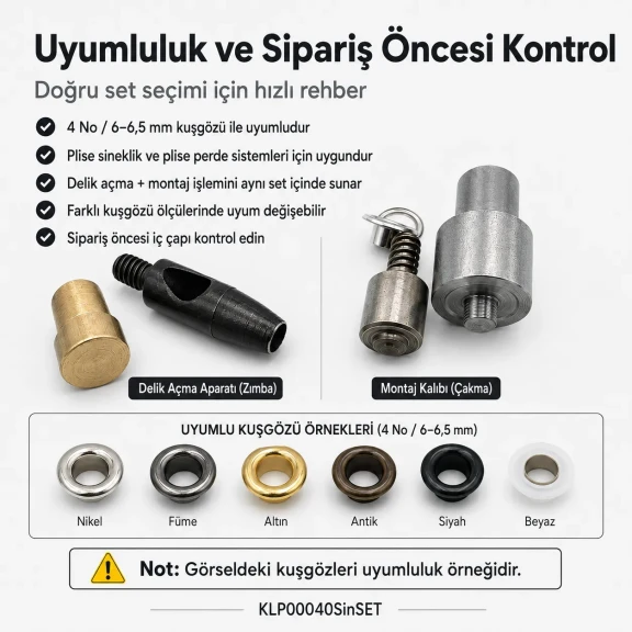 4 No 6 mm Plise Sineklik Kuşgözü Montaj ve 6 mm Delik Açma Kalıbı Başlangıç Seti, kumaş ve deri için ideal delik açma aparatı
