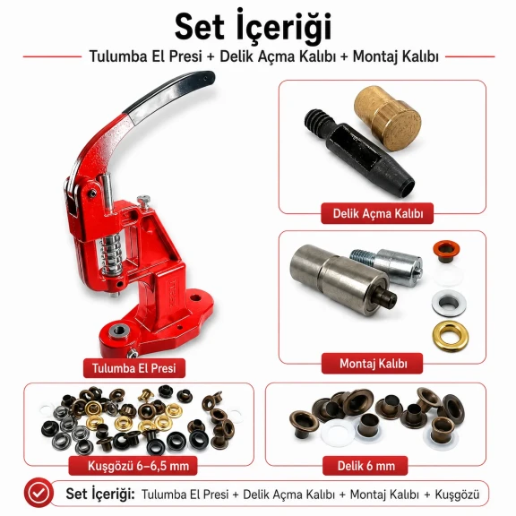 4 No Plise Sineklik Kuşgözü Montaj Seti, 6 mm Delik Açma Kalıbı, PVC Şerit Uygulama, Tulumba El Presi ile Başlangıç Seti