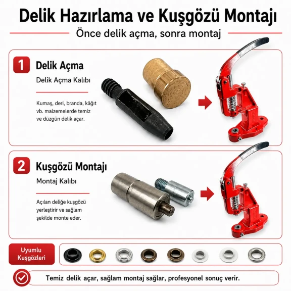 4 No Plise Sineklik Kuşgözü Montaj Seti, 6 mm Delik Açma Kalıbı, PVC Şerit Uygulama, Tulumba El Presi ile Başlangıç Seti