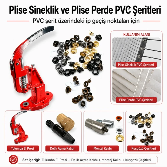 4 No Plise Sineklik Kuşgözü Montaj Seti, 6 mm Delik Açma Kalıbı, PVC Şerit Uygulama, Tulumba El Presi ile Başlangıç Seti