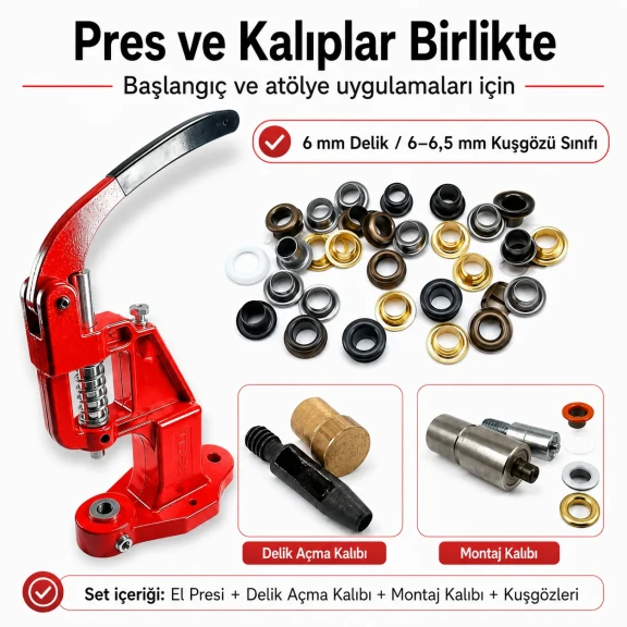 4 No Plise Sineklik Kuşgözü Montaj Seti, 6 mm Delik Açma Kalıbı, PVC Şerit Uygulama, Tulumba El Presi ile Başlangıç Seti