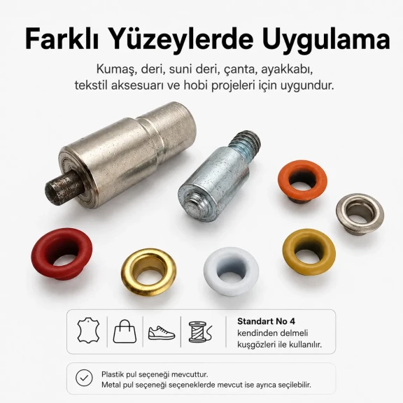 4 Nolu Kuşgözü Kalıbı Kendinden Delmeli Kuşgözü Çakma Kalıbı 6 mm - 6,5 mm, kumaş montajı için ideal, dayanıklı malzeme ile
