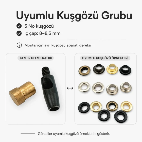 5 No kuşgözü delme kalıbı KLP00050DEL, 8-8,5 mm iç çap, metal yapıda, tekstil ve deri ürünleri için montaj aparatı