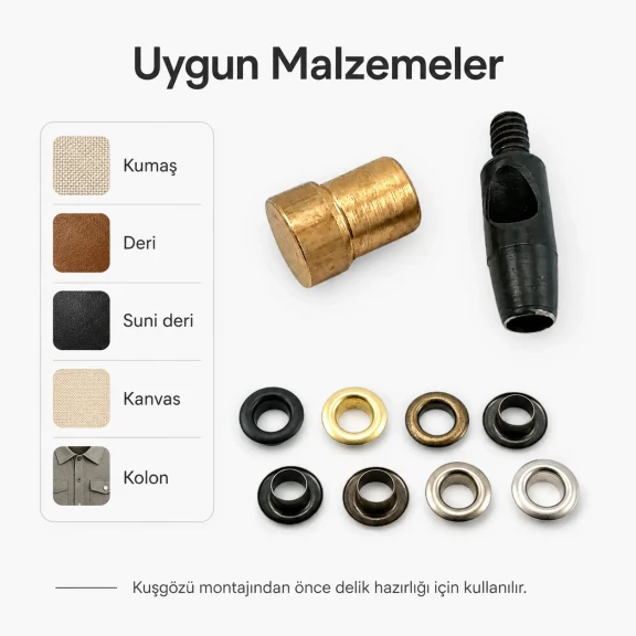 5 No kuşgözü delme kalıbı KLP00050DEL, 8-8,5 mm iç çap, metal yapıda, tekstil ve deri ürünleri için montaj aparatı