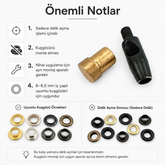 5 No kuşgözü delme kalıbı KLP00050DEL, 8-8,5 mm iç çap, metal yapıda, tekstil ve deri ürünleri için montaj aparatı
