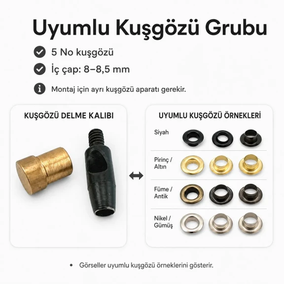 5 No kuşgözü delme kalıbı KLP00050DEL, 8-8,5 mm iç çap, metal yapıda, tekstil ve deri ürünleri için montaj aparatı