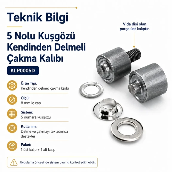 5 Nolu Kuşgözü Kendinden Delmeli Çakma Kalıbı 8 mm İç Çap Kuşgözü Kalıbı KLP0005D ile kumaşınıza kolayca kuşgözü takın