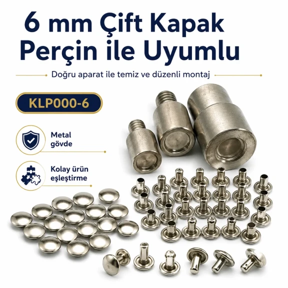 0 Çift Kapaklı Perçin Montaj Aparatı - 6 mm Perçin Çakma Kalıbı KLP000CFT-6, güçlendirilmiş çelikten üretilmiştir, perçin