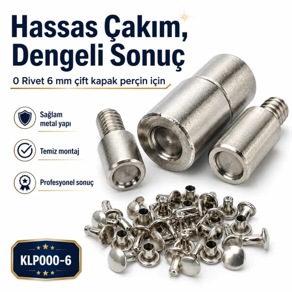 0 Çift Kapaklı Perçin Montaj Aparatı - 6 mm Perçin Çakma Kalıbı KLP000CFT-6, güçlendirilmiş çelikten üretilmiştir, perçin