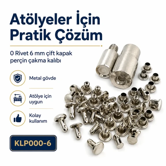 0 Çift Kapaklı Perçin Montaj Aparatı - 6 mm Perçin Çakma Kalıbı KLP000CFT-6, güçlendirilmiş çelikten üretilmiştir, perçin