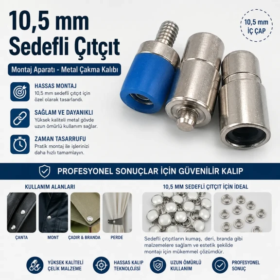 10.5 mm Sedefli Çıtçıt Montaj Aparatı - Metal Çakma Kalıbı KLP00105SDF, bebek ve çocuk giyimde kullanıma uygun dayanıklı
