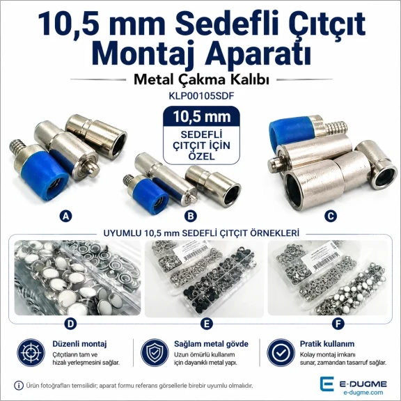 10.5 mm Sedefli Çıtçıt Montaj Aparatı - Metal Çakma Kalıbı KLP00105SDF, bebek ve çocuk giyimde kullanıma uygun dayanıklı
