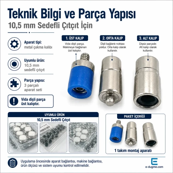 10.5 mm Sedefli Çıtçıt Montaj Aparatı - Metal Çakma Kalıbı KLP00105SDF, bebek ve çocuk giyimde kullanıma uygun dayanıklı