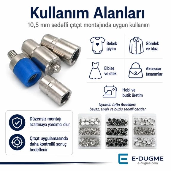 10.5 mm Sedefli Çıtçıt Montaj Aparatı - Metal Çakma Kalıbı KLP00105SDF, bebek ve çocuk giyimde kullanıma uygun dayanıklı