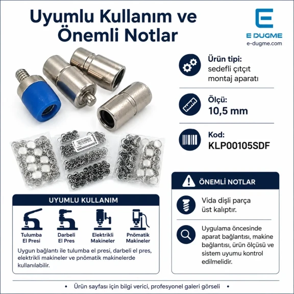 10.5 mm Sedefli Çıtçıt Montaj Aparatı - Metal Çakma Kalıbı KLP00105SDF, bebek ve çocuk giyimde kullanıma uygun dayanıklı